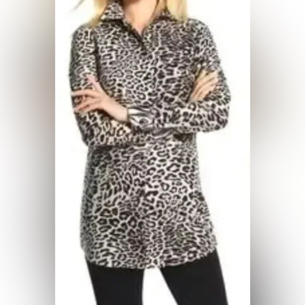 Chico’s No-Iron Leopard-Print Button Down Tunic Top Chico’s Size 2 (L/12-14)